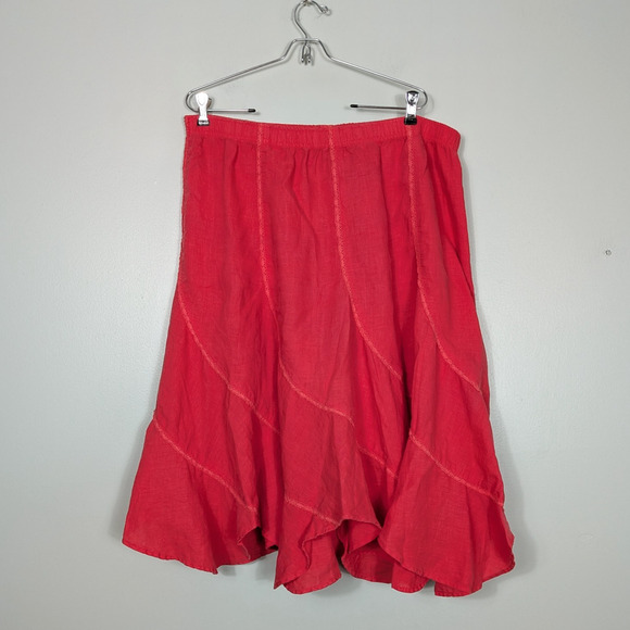 Linen Midi Skirt XL Coral Salmon Ruffle Lace Boho A-Line Elastic Pull On - Picture 1 of 9